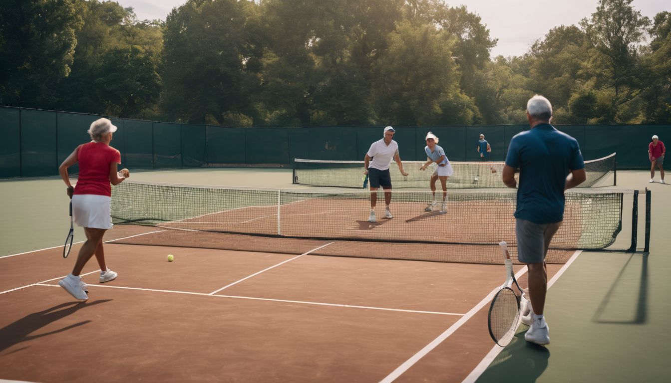 Een groep volwassenen geniet van een potje recreatief tennis in het park.