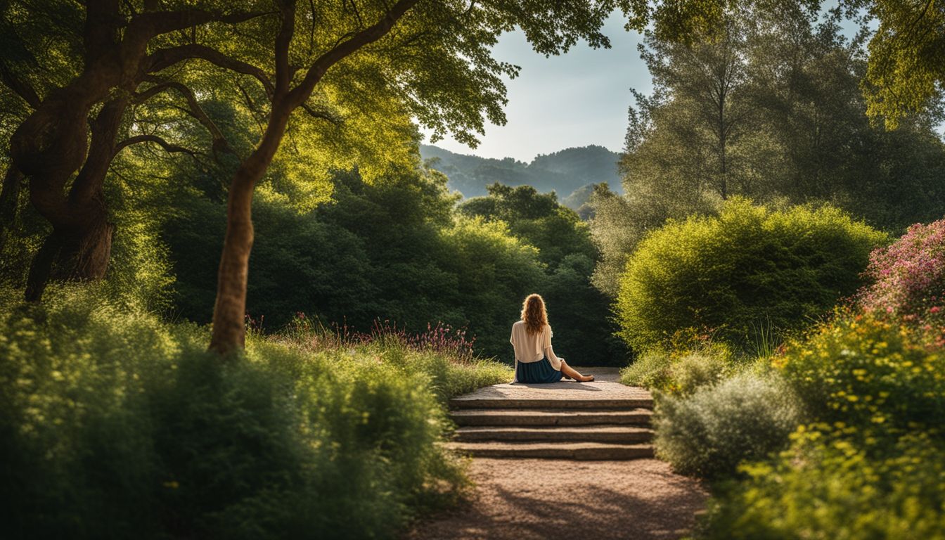 Een persoon zit alleen in een vredige tuin, omringd door de natuur.