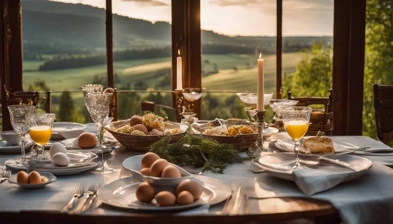 Een elegante tafel setting met diverse eiergerechten in een prachtige landelijke omgeving.