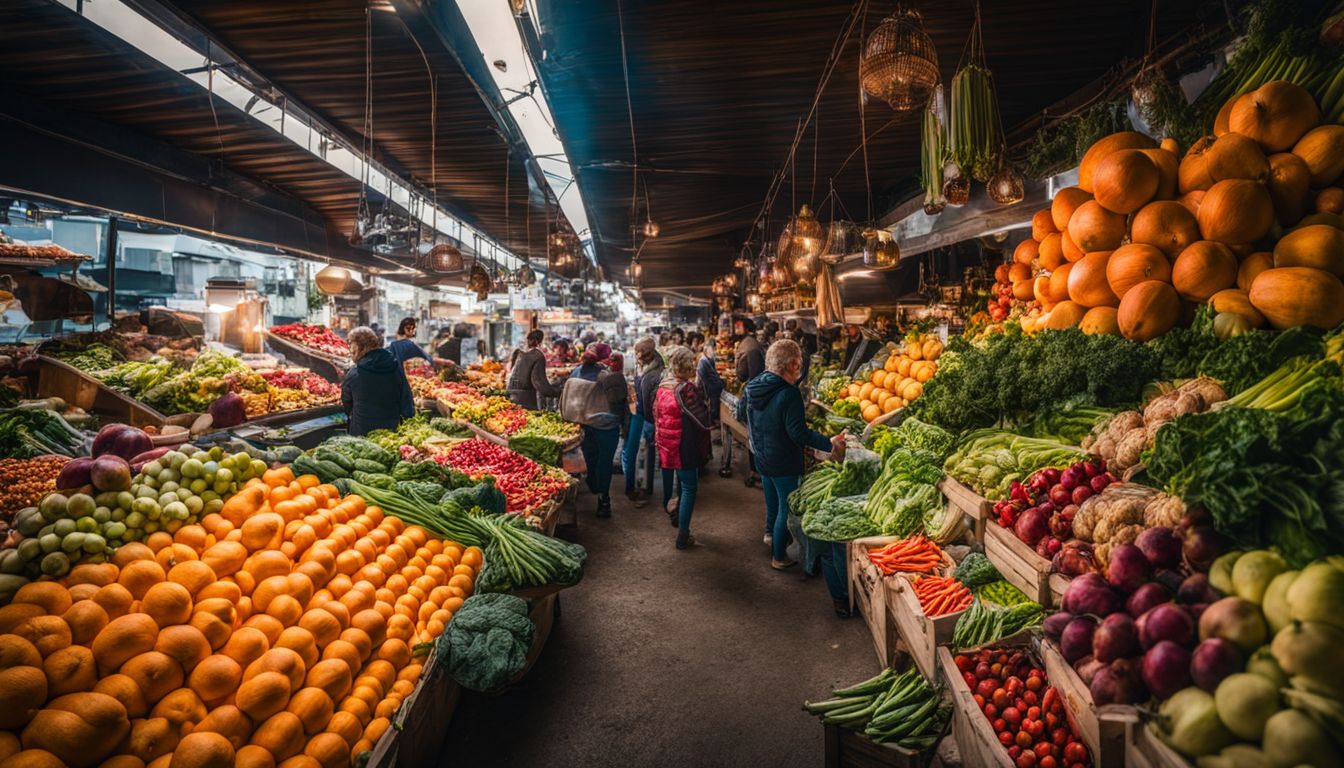 Een kleurrijk assortiment van verse groenten en fruit op een bruisende markt.