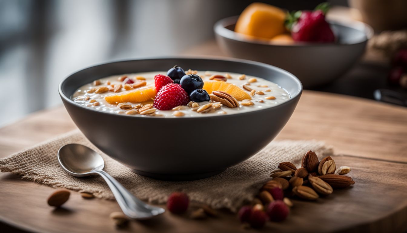 Een kom Brinta pap met vers fruit en noten op een houten ontbijttafel.