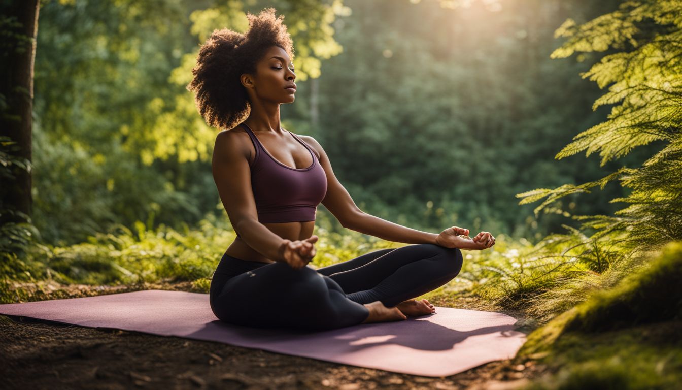 Een vrouw doet yoga in een rustige bosomgeving.