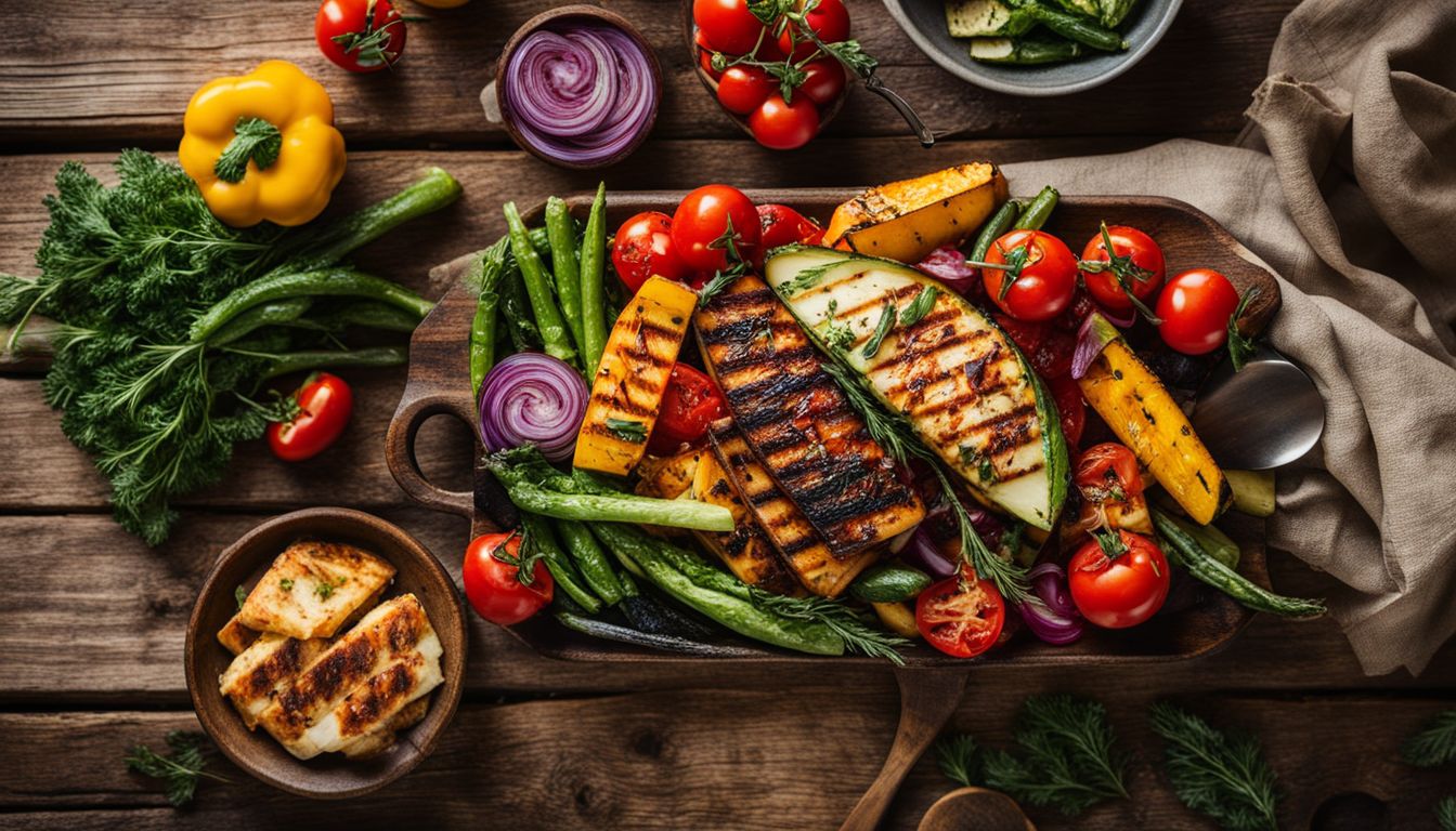 Een kleurrijke spread van gegrilde groenten en halloumi op een rustieke buitentafel.