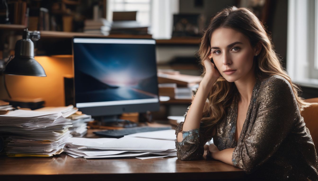 Een gestreste vrouw zit aan een rommelig bureau met een laptop en papieren.