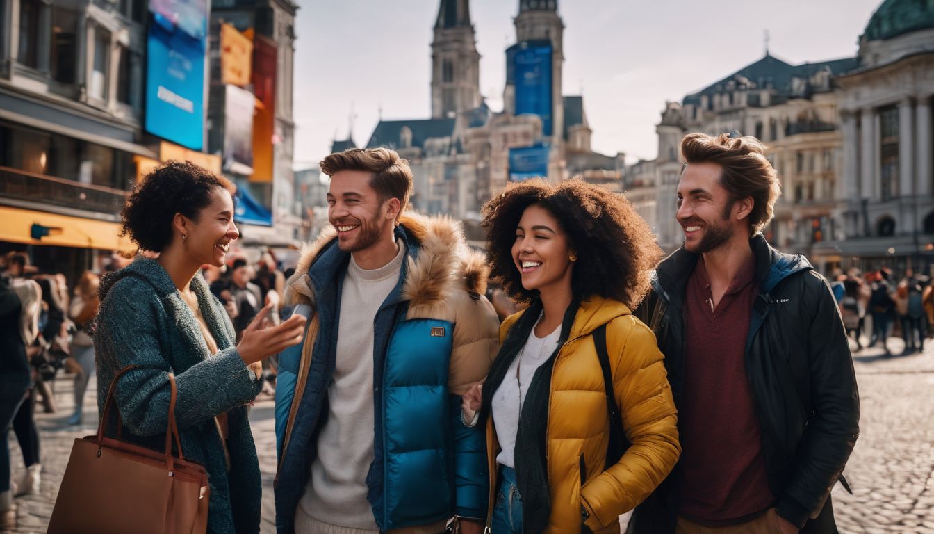 Een diverse groep mensen begroet elkaar in een bruisend stadsplein.