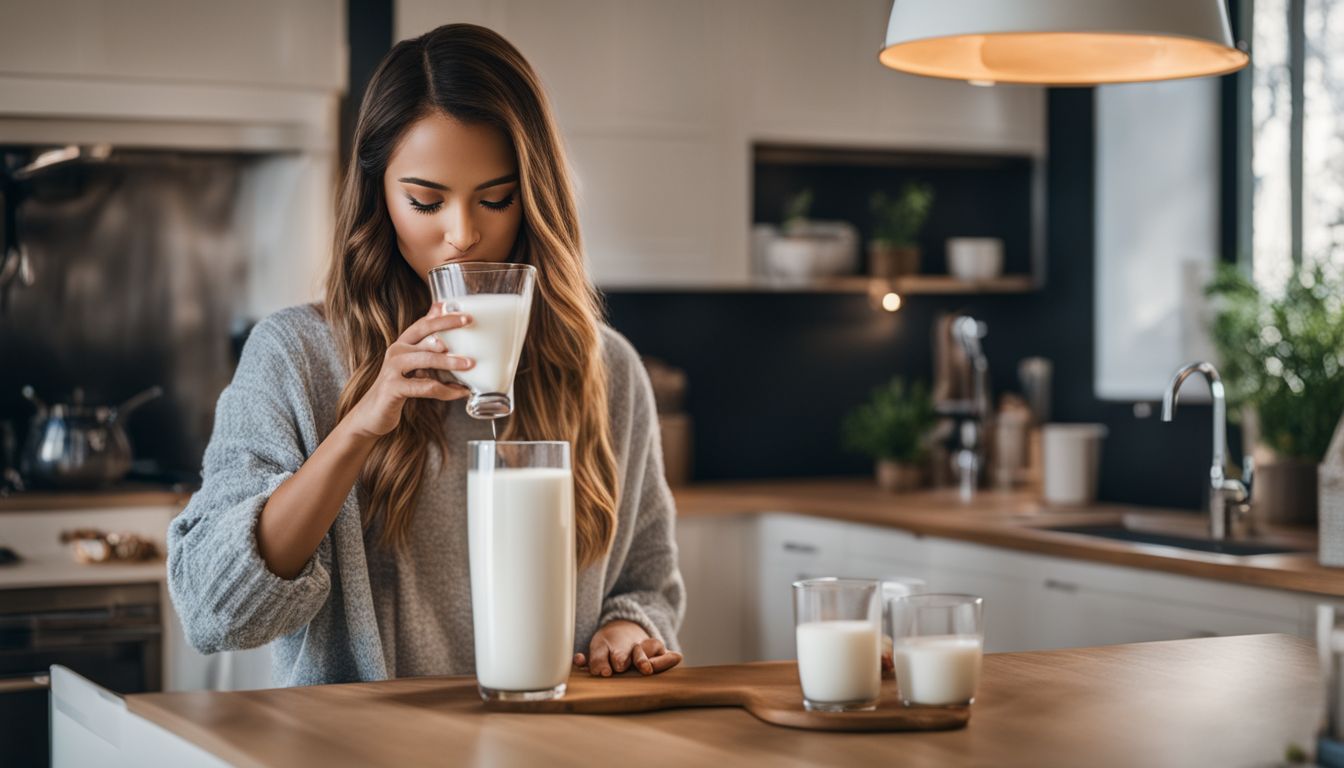 Een persoon drinkt melk in een heldere keuken met verschillende gezichten en kledingstijlen.