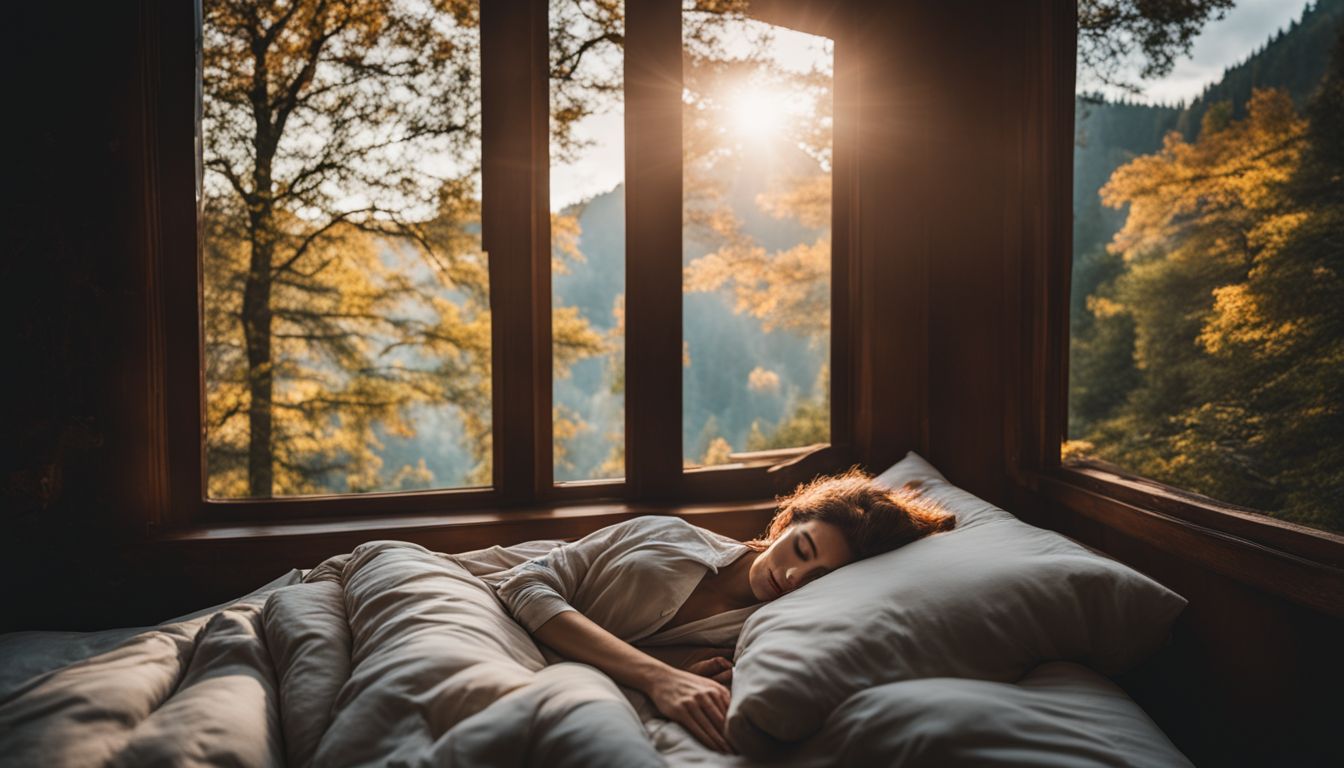 Een persoon die vredig slaapt in een gezellig bed omringd door rustgevende natuur.