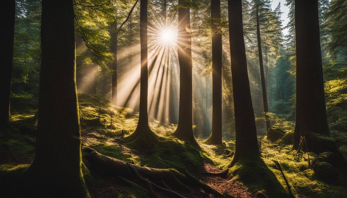 Een sereen bos met zonlicht door de bomen, veel gezichten en outfits.