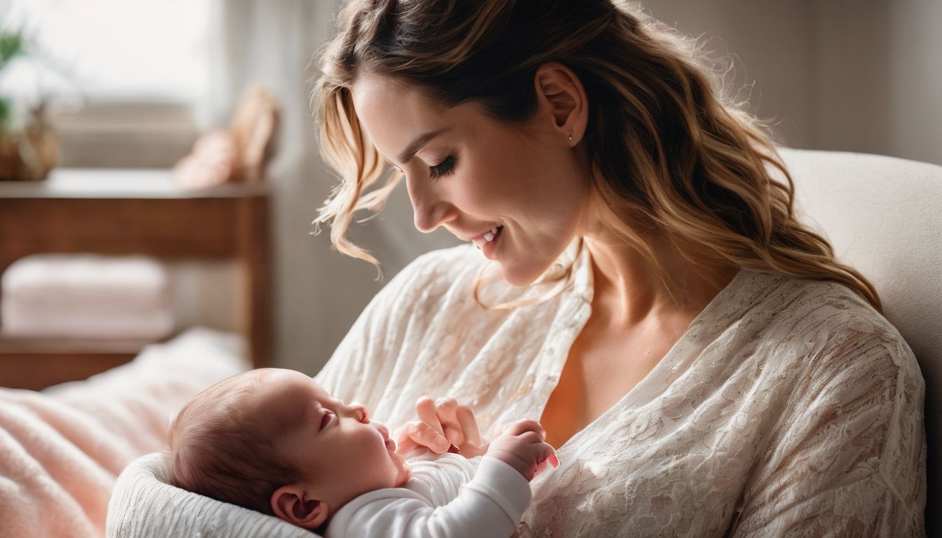 Een moeder voedt haar baby in een gezellige en goed verlichte kinderkamer.