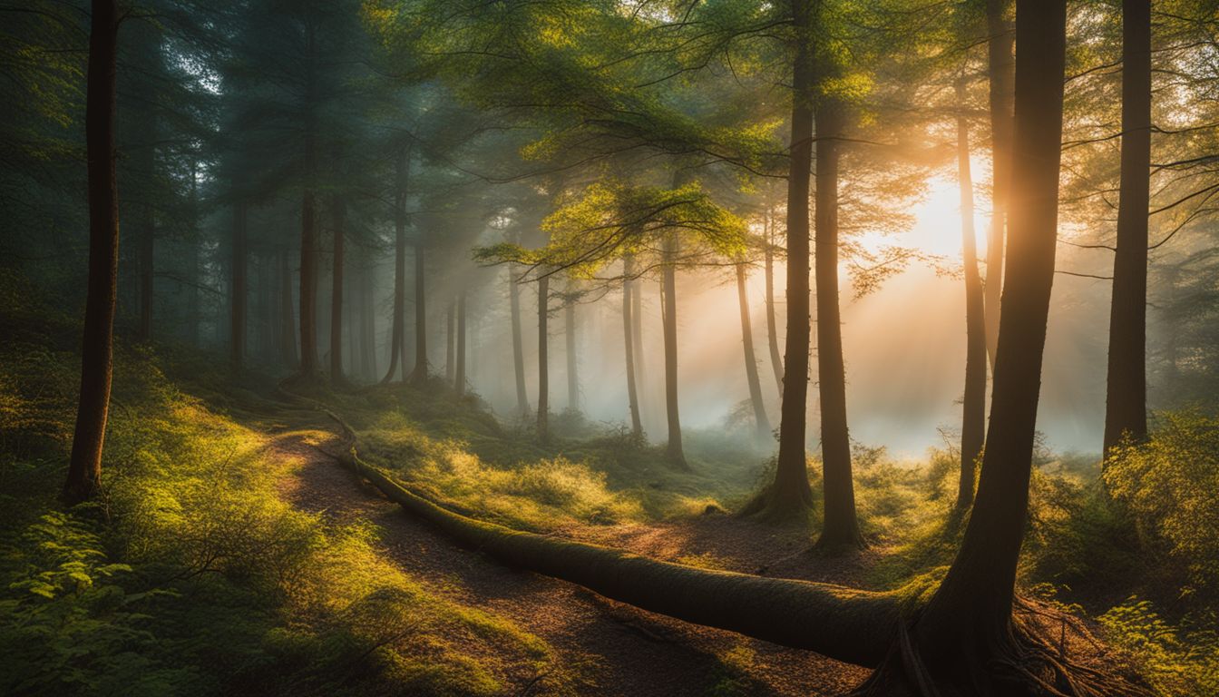 Een rustig bos bij zonsopgang en zonsondergang, met verschillende gezichten en kapsels.