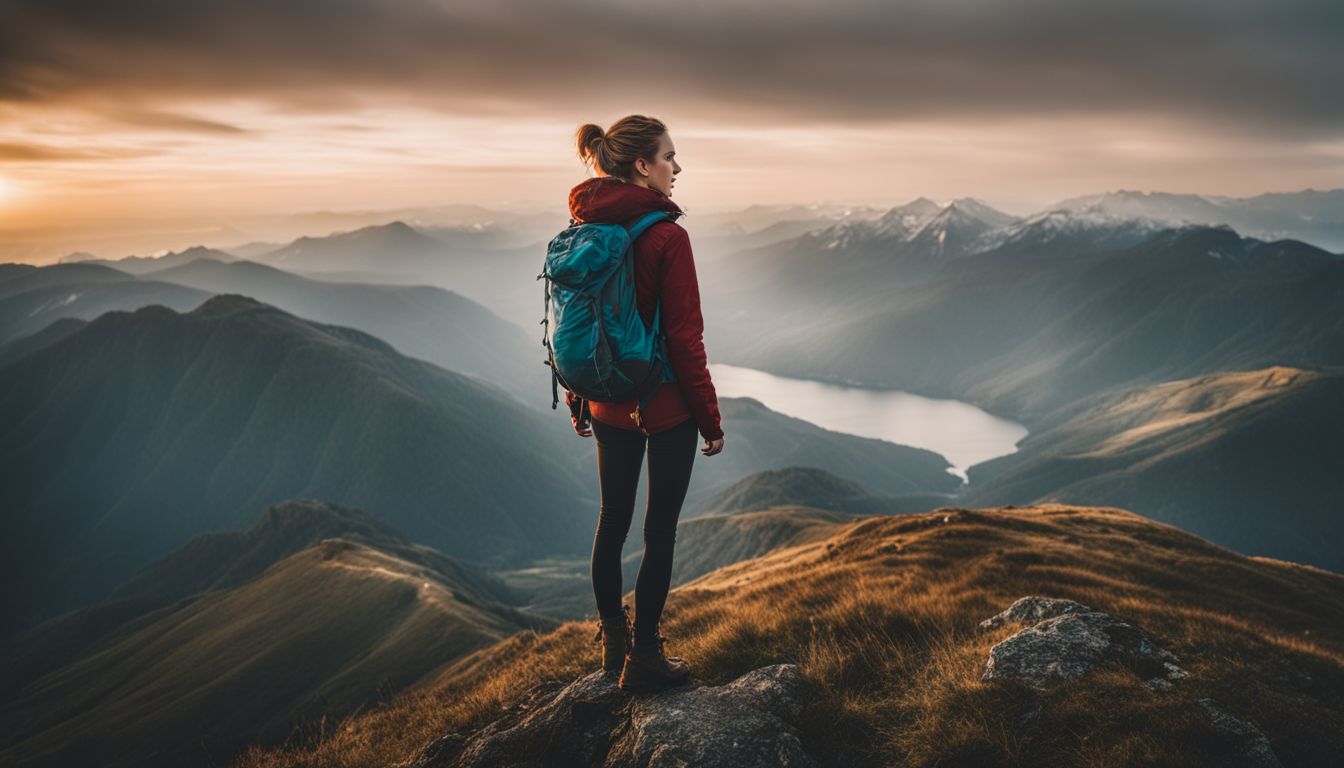 Een jonge vrouw staat op een bergtop en kijkt naar de horizon.