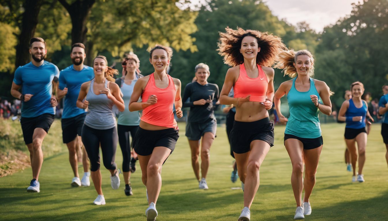 Een groep mensen van verschillende leeftijden die samen sporten in een levendig park.