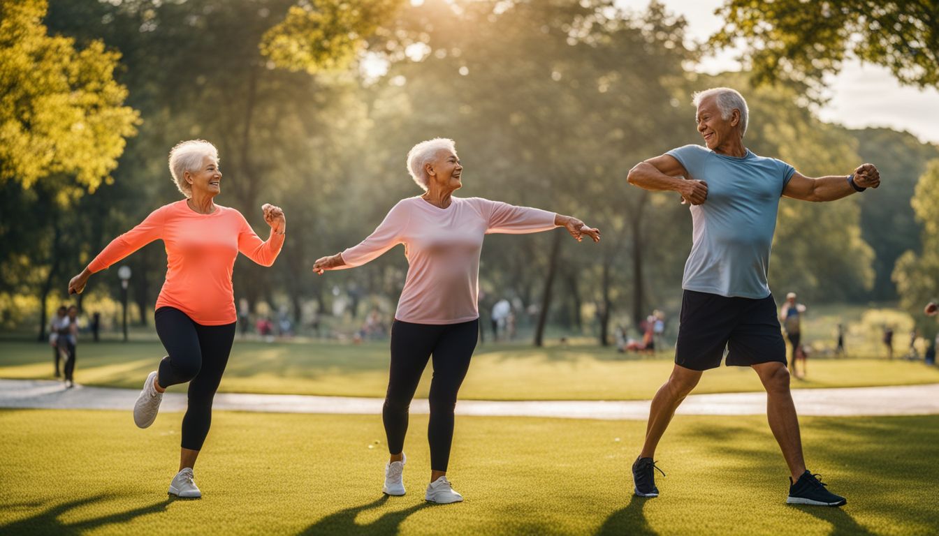 Een actief senior stel doet ochtendoefeningen in een park.