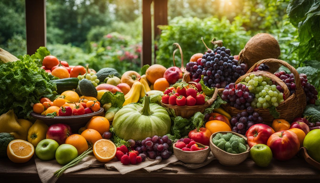 Een tafel vol kleurrijk fruit en groenten in een weelderige tuin.