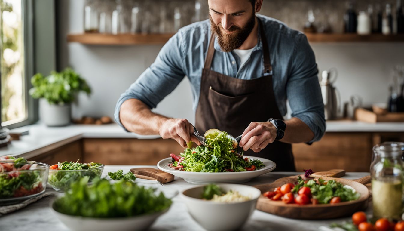 Een persoon bereidt een gezonde salade met MCT-olie en olijfolie.