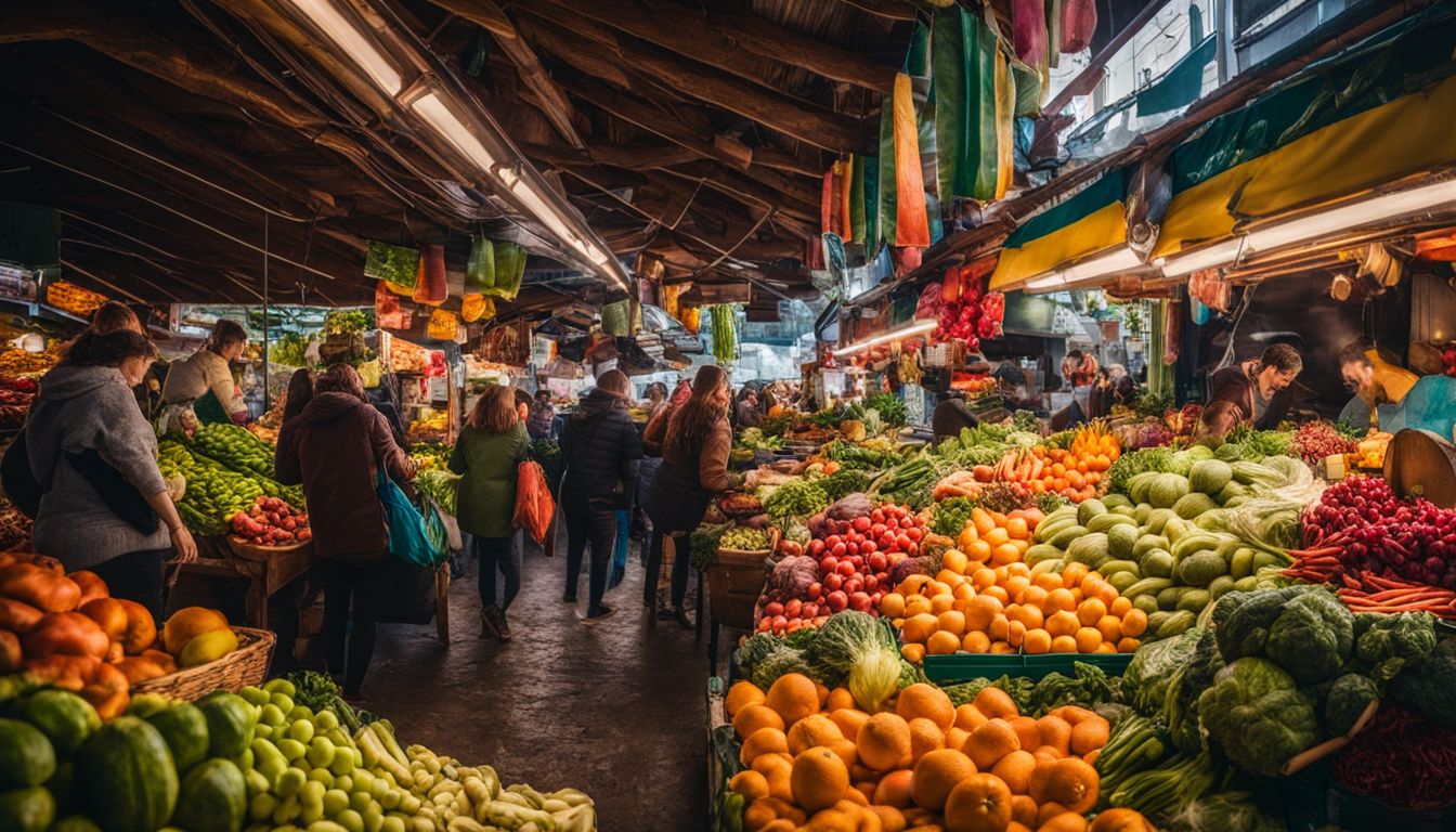 Een kleurrijke selectie van vers fruit en groenten op een levendige markt.