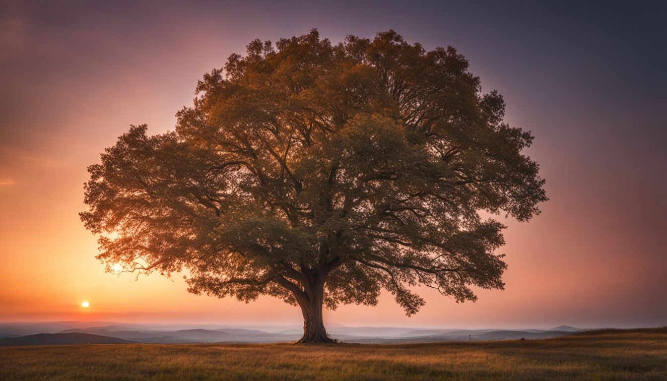 Een vredige zonsondergang met een eenzame boom op de voorgrond.