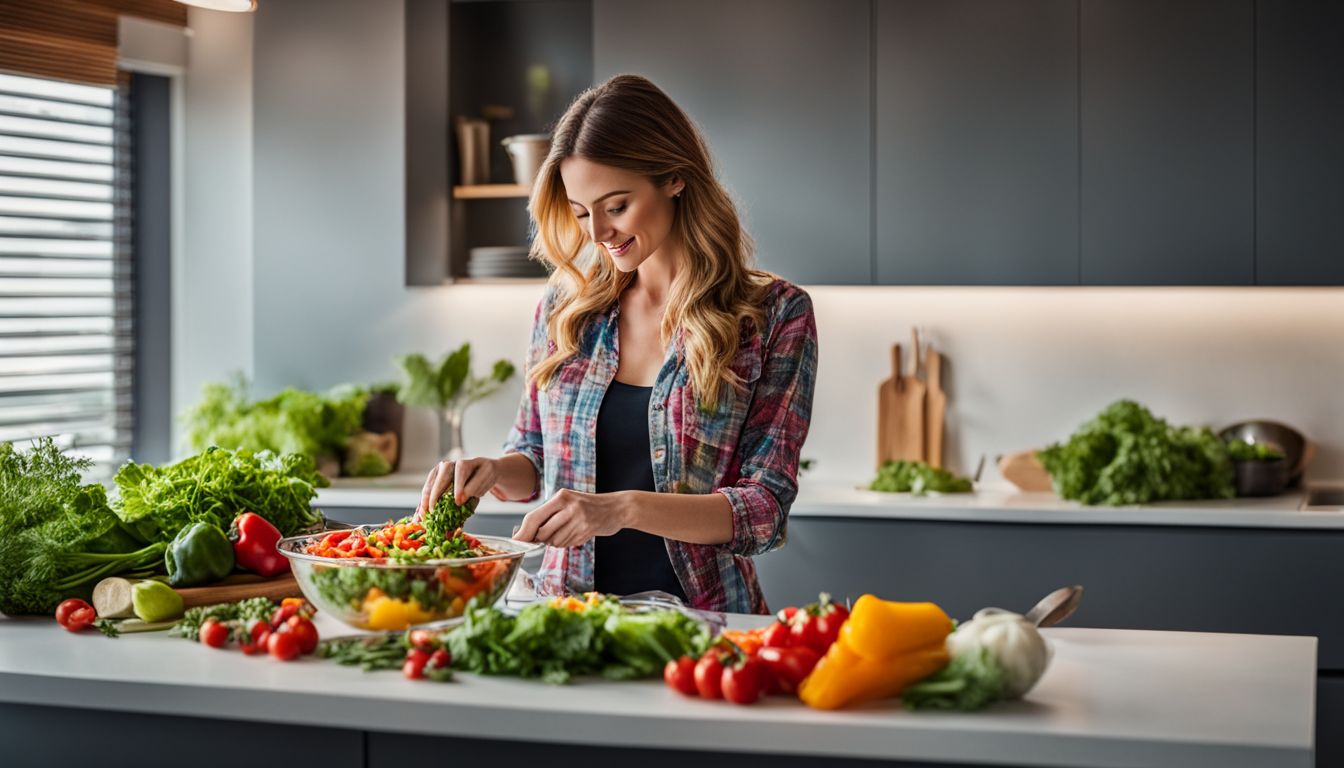 Een vrouw bereidt een kleurrijke groentesalade in een moderne keuken.