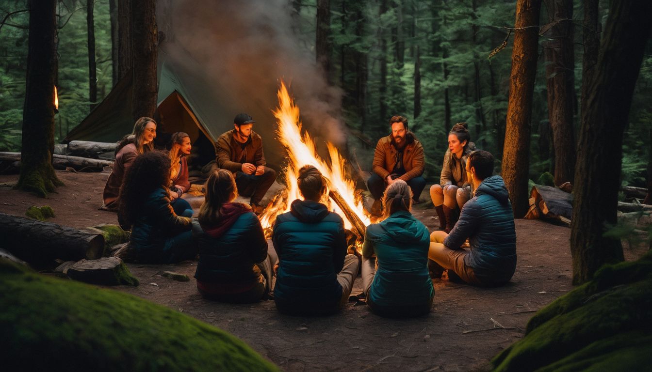 Een diverse groep mensen deelt verhalen rond een kampvuur in het bos.