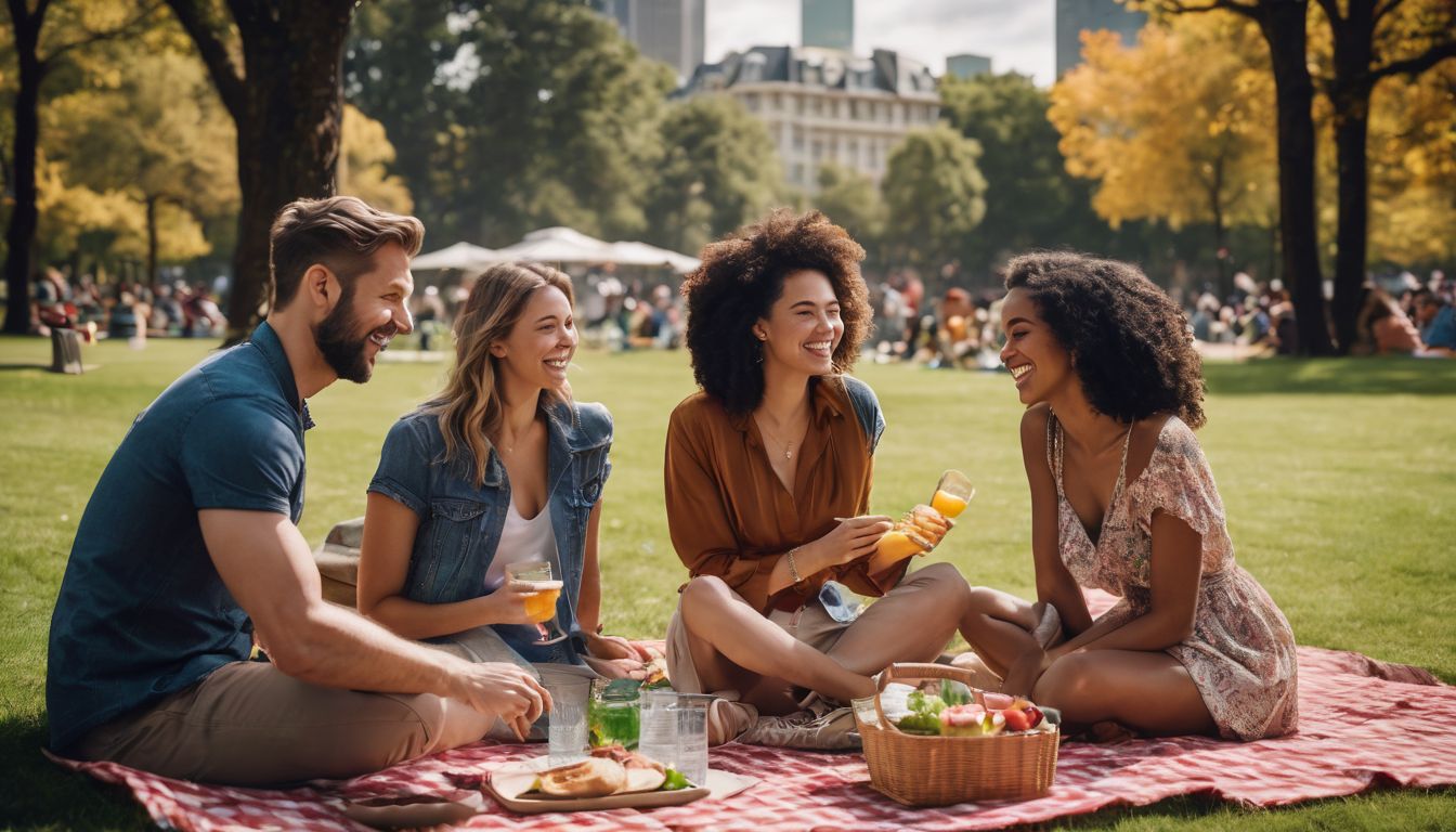 Een diverse groep mensen geniet van een picknick in een levendig stadspark.