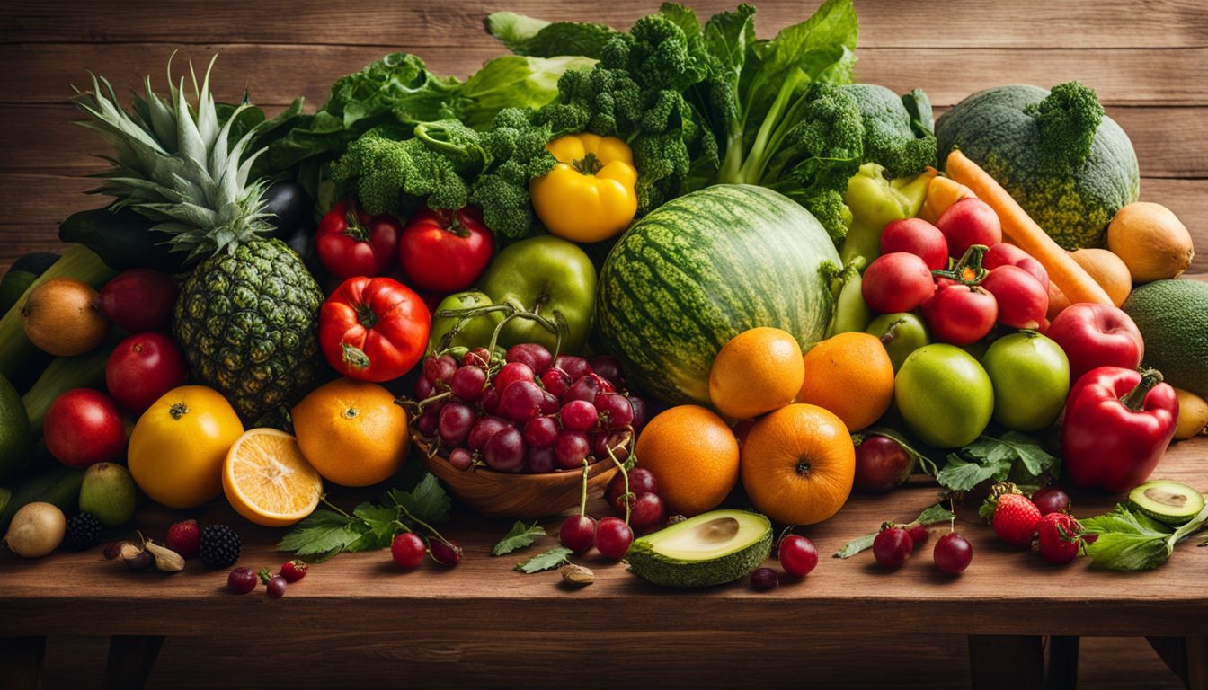 Een verscheidenheid aan kleurrijke groenten en fruit op een houten tafel.