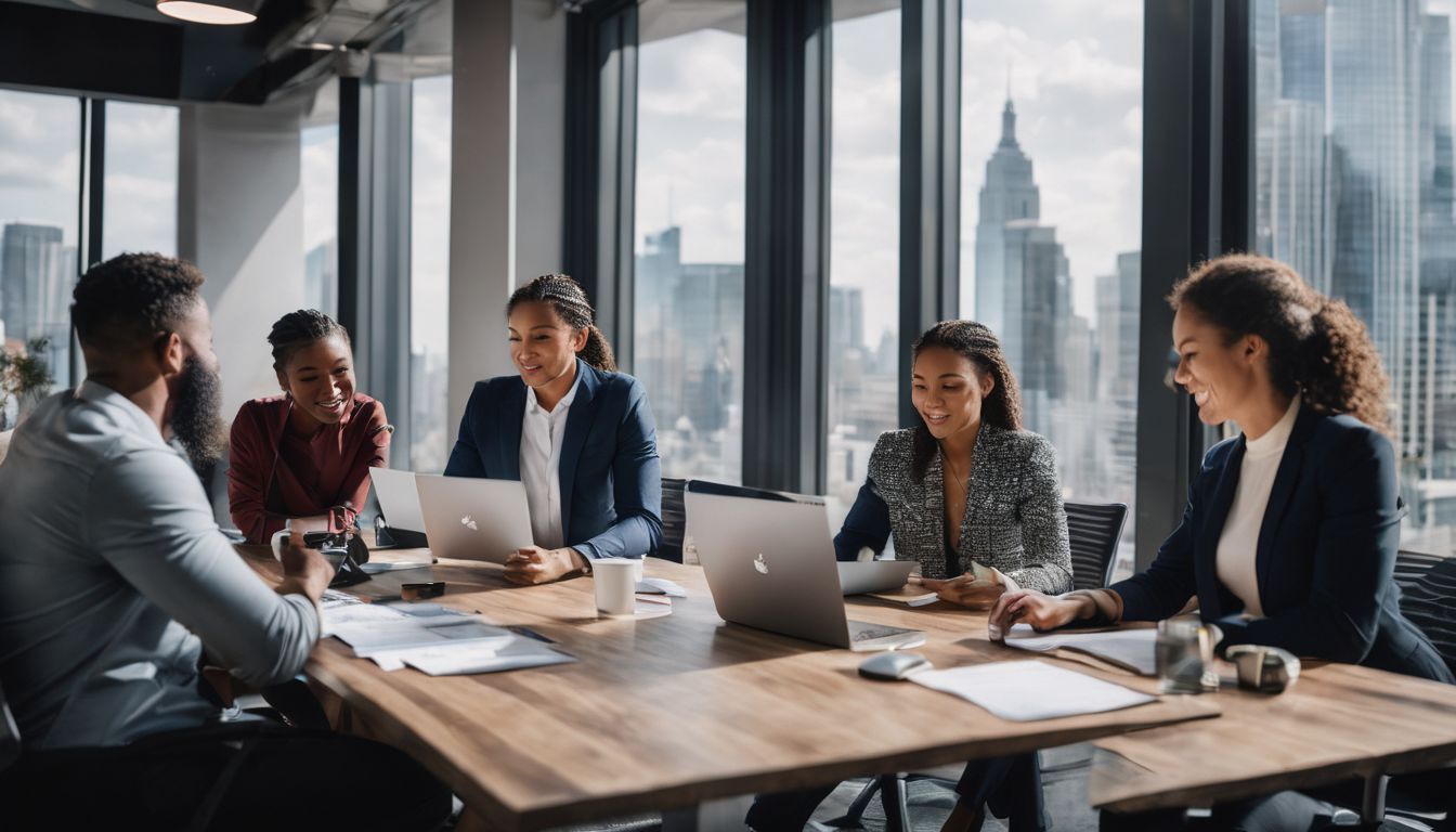 Een diverse team heeft een open discussie in een modern kantoor.