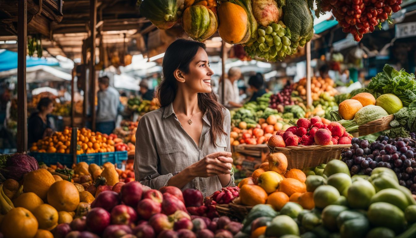 Een vrouw houdt een verscheidenheid aan kleurrijk fruit en groenten vast op een kleurrijke markt.