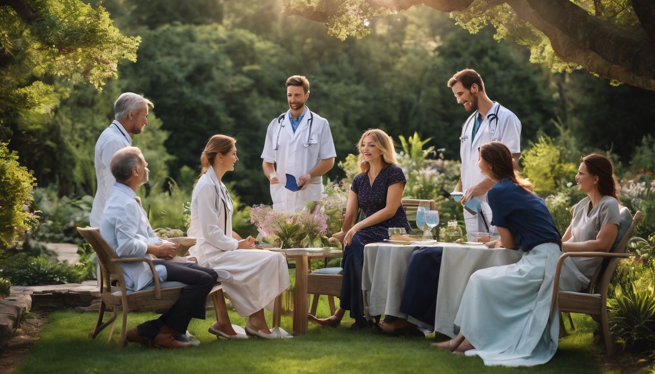 Een groep zorgprofessionals en patiënten genieten van de natuur in een serene tuin.