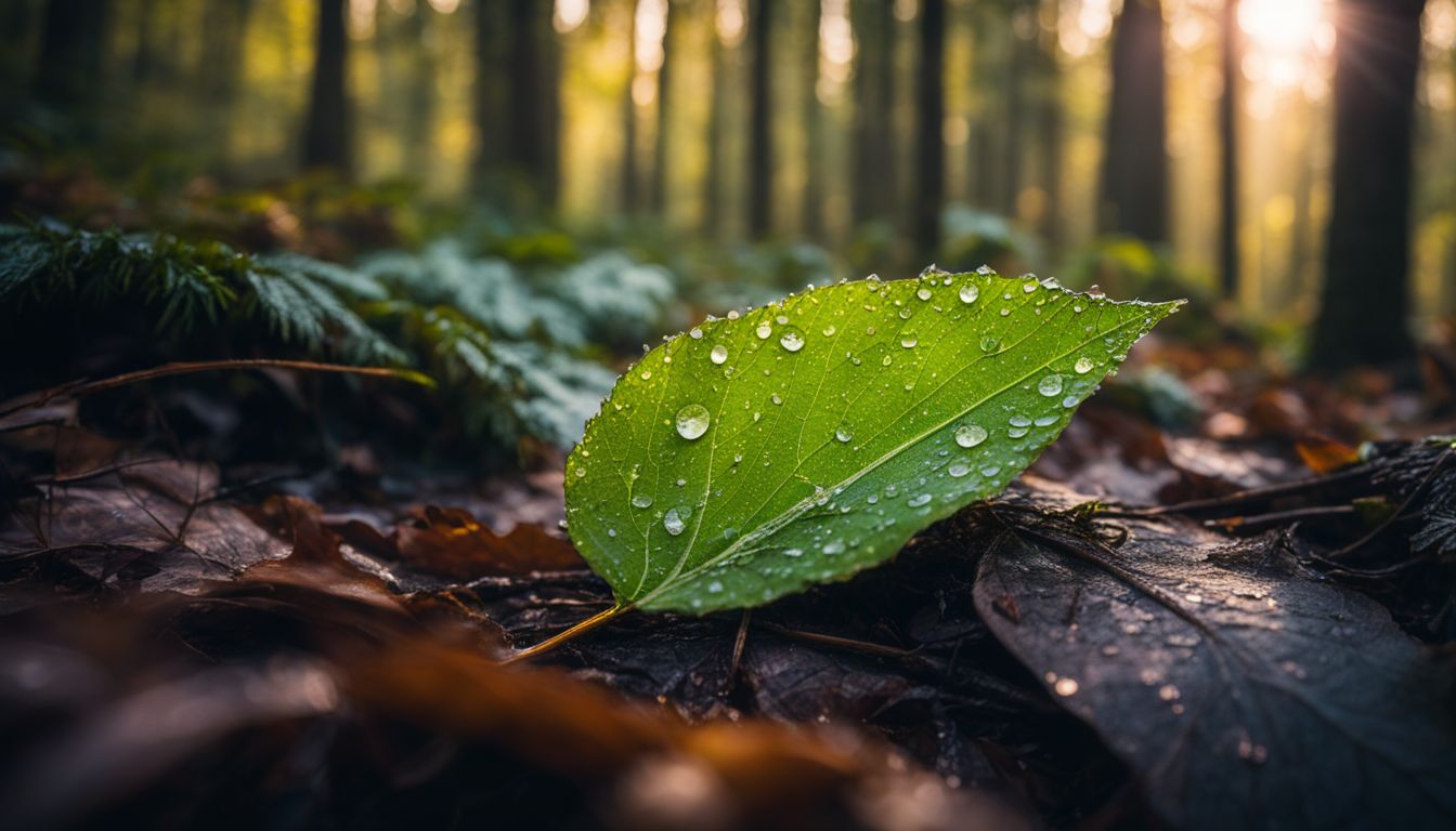 Een glinsterend blad in een dicht bos, gefotografeerd met professionele apparatuur.