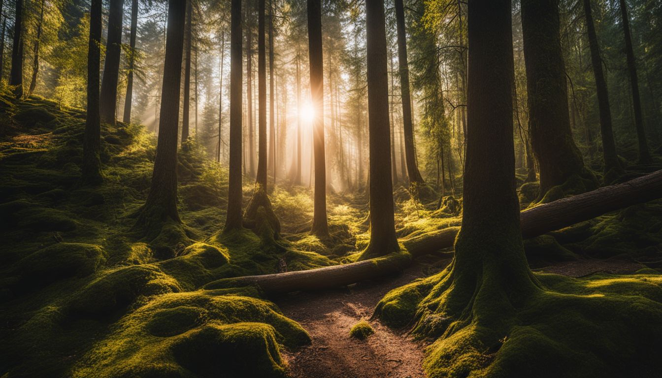 Een rustig en vredig bos met verschillende mensen, gezichten en kleding.