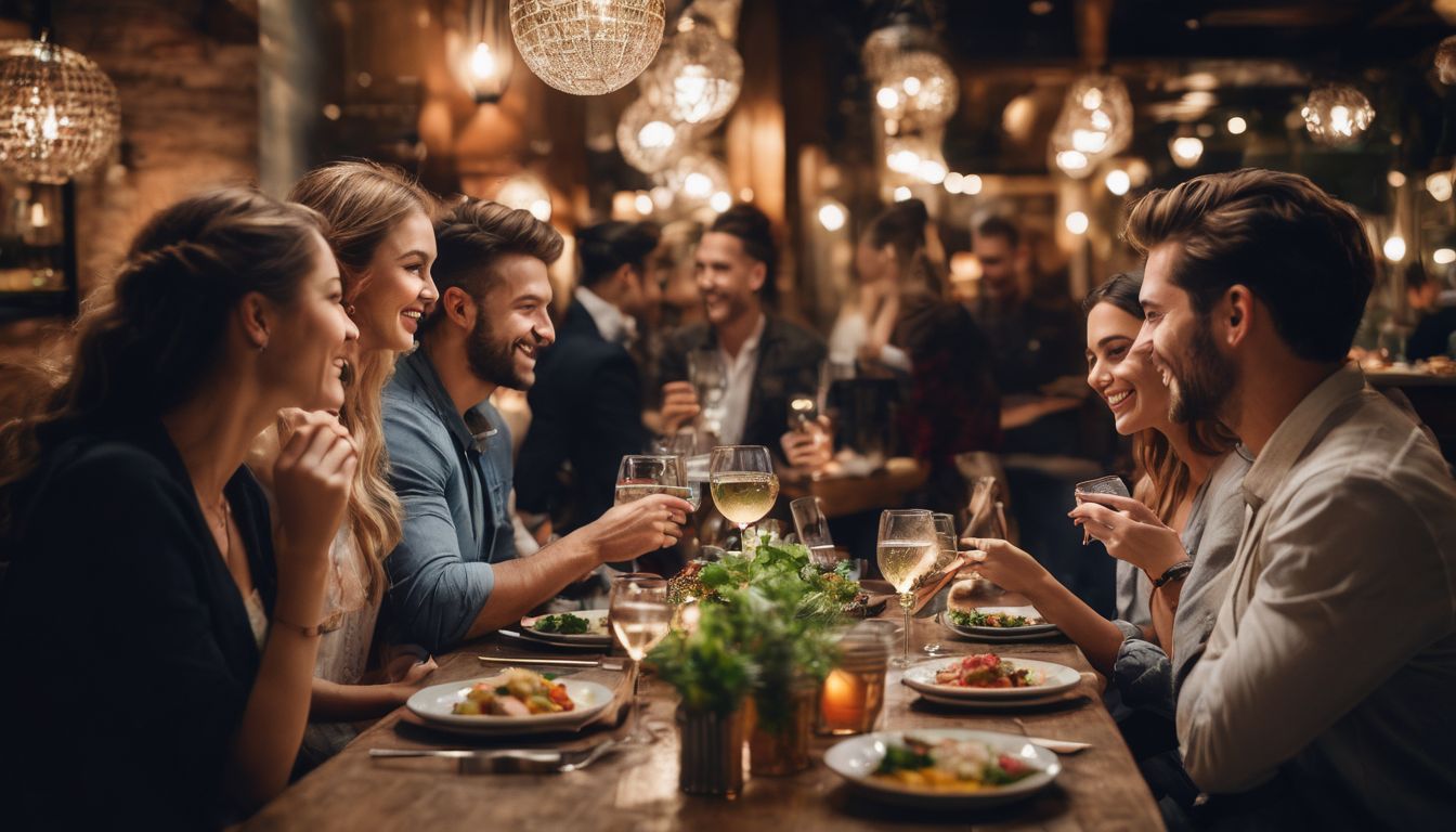 Een groep vrienden geniet samen van een maaltijd in een knus restaurant.