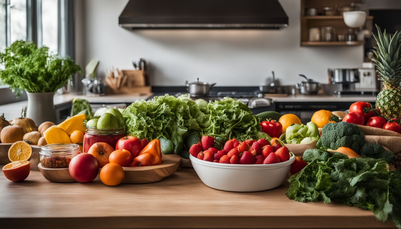 Een goed georganiseerde maaltijdvoorbereidingsstation met verse groenten en fruit.