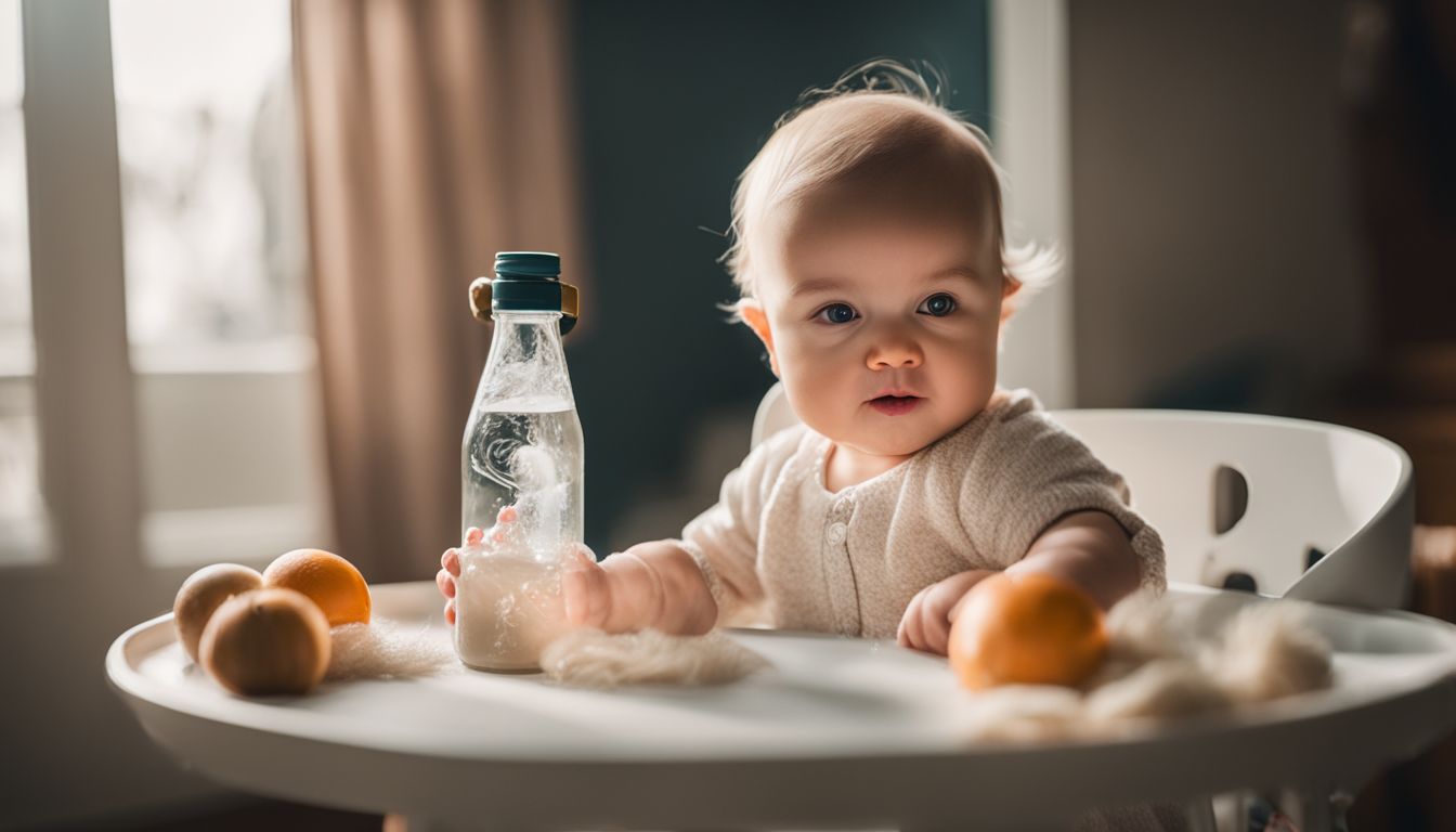 Een vredige baby drinkt rustig van een fles in een knusse kinderkamer.