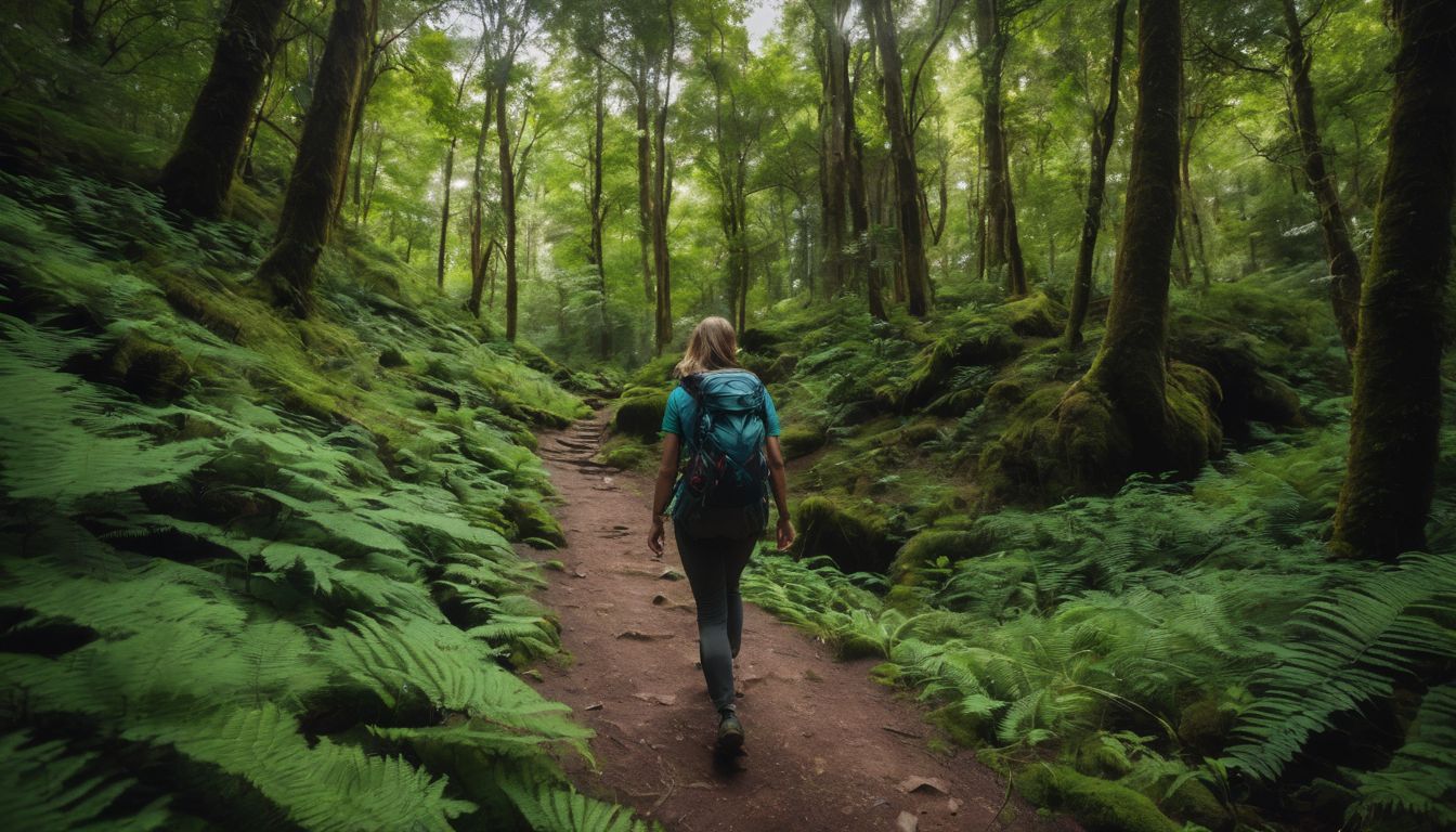 Een persoon wandelt in een weelderig boslandschap, omringd door groen.