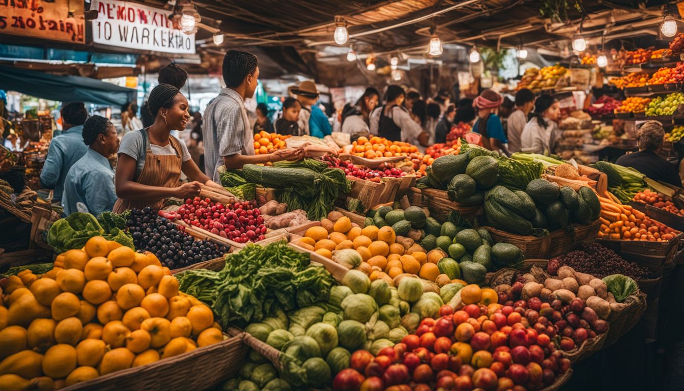 Een levendige markt met diverse producten en mensen in verschillende outfits.