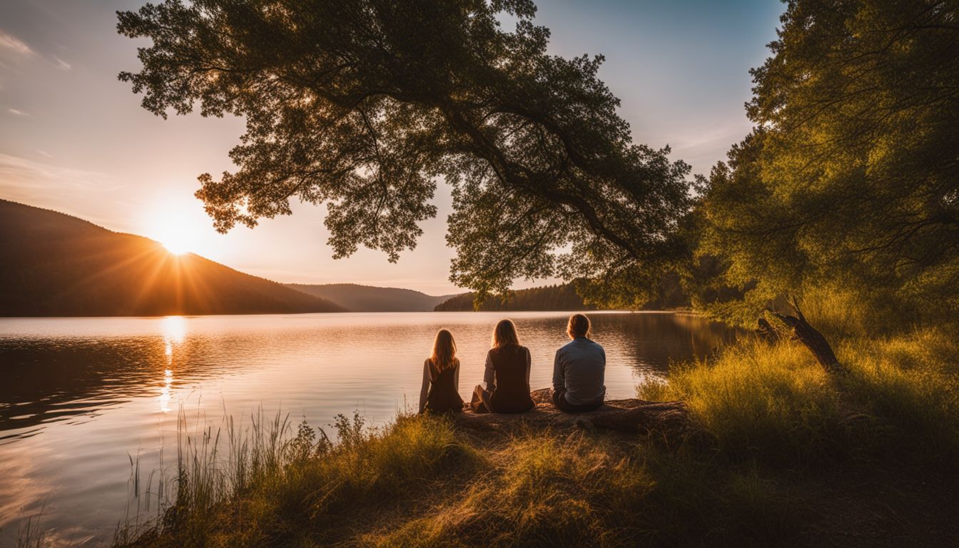 Een rustige, vredige mereroever bij zonsondergang, omgeven door natuur.