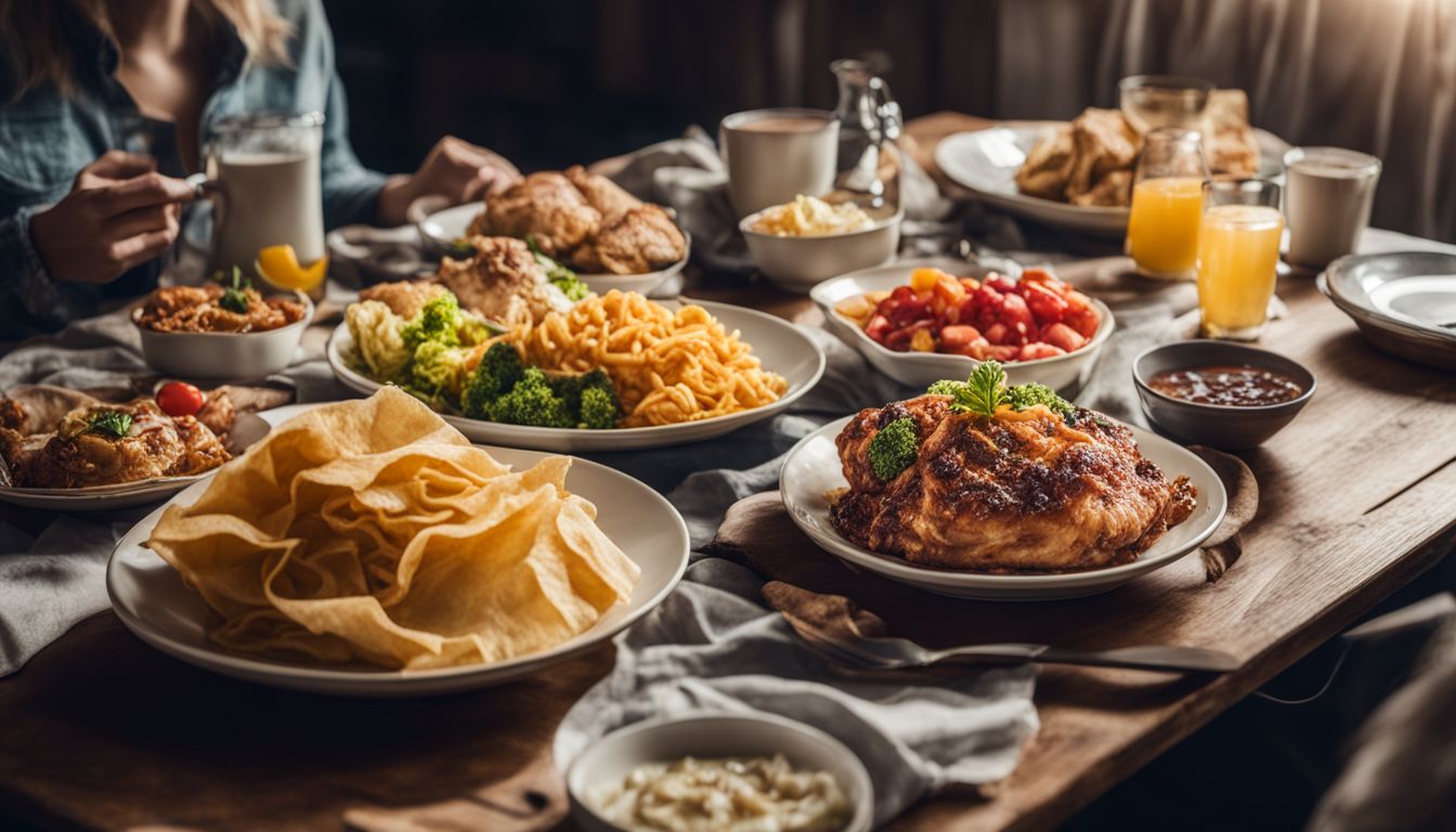 Een tafel vol ongezond bewerkt voedsel met lege borden en rommelige servetten eromheen.