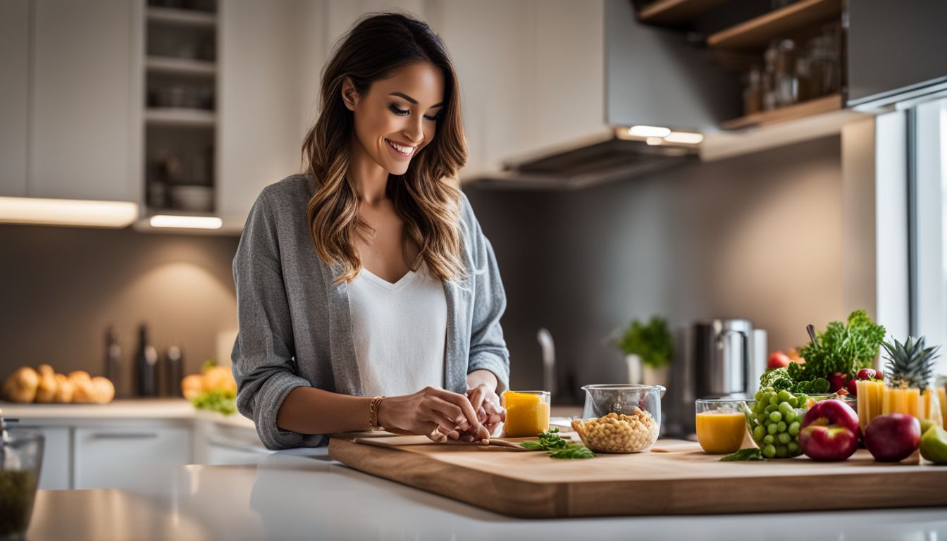 Een vrouw bereidt gezonde snack in moderne keuken.