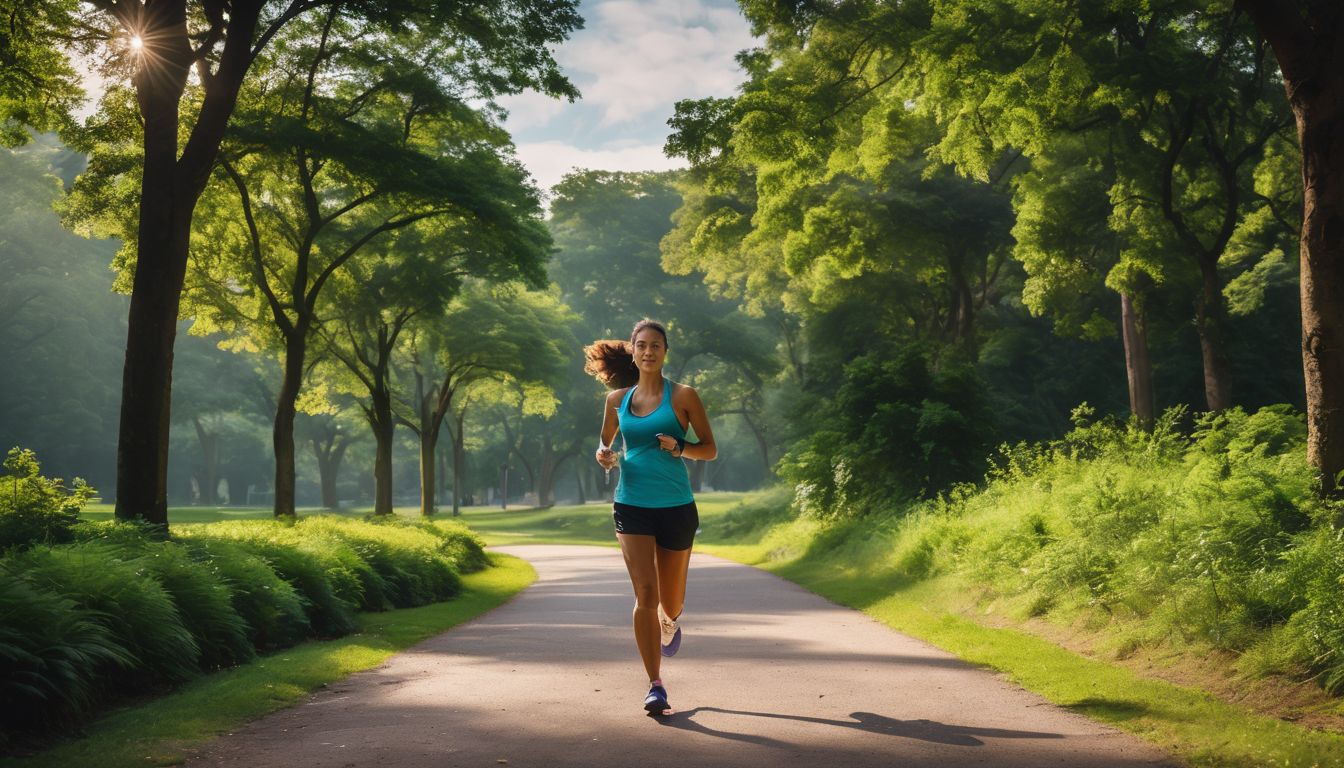 Een persoon jogt door een weelderig park met diverse gezichten en kapsels.