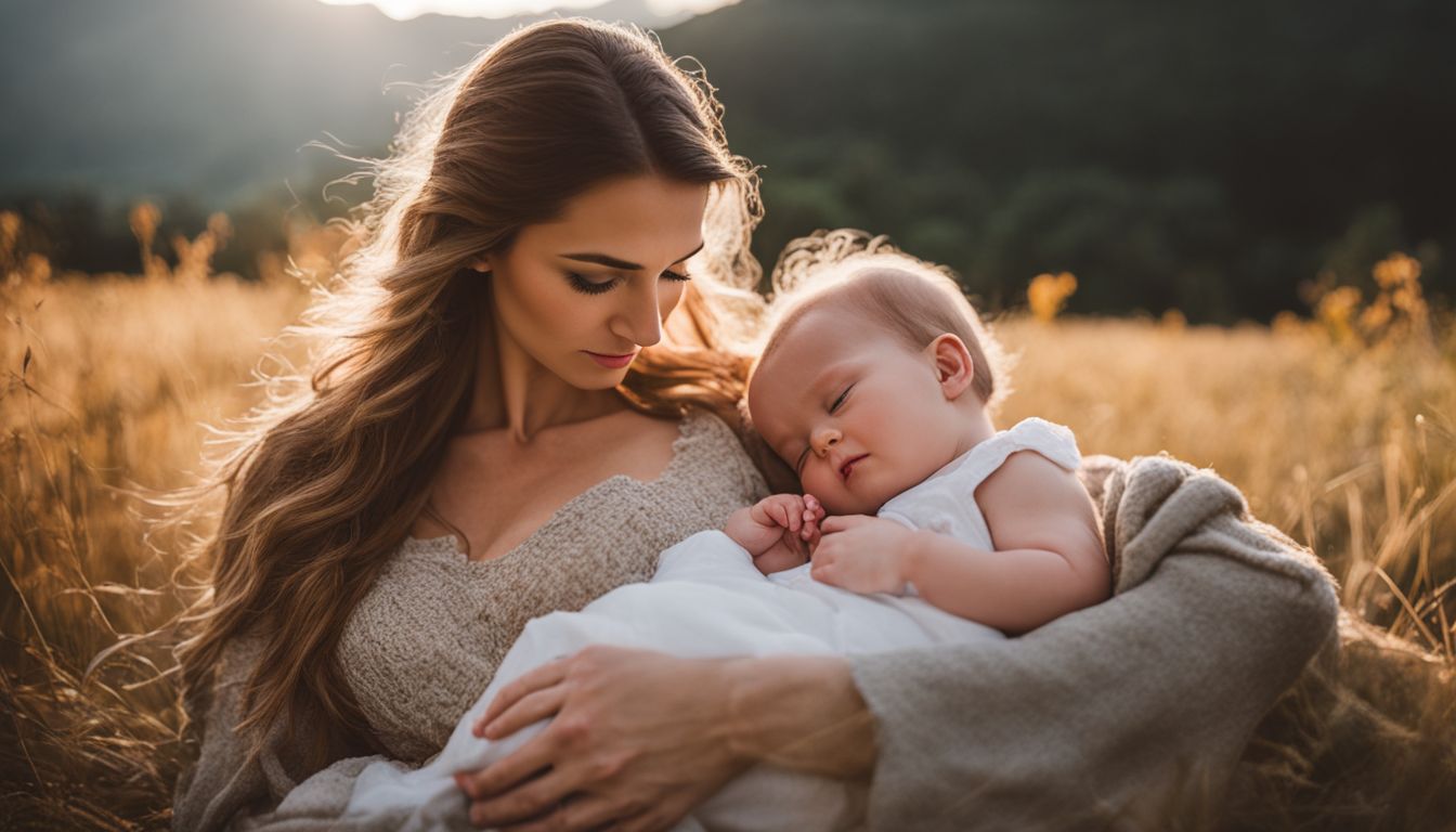 Een moeder die haar baby borstvoeding geeft in een rustige, natuurlijke omgeving.