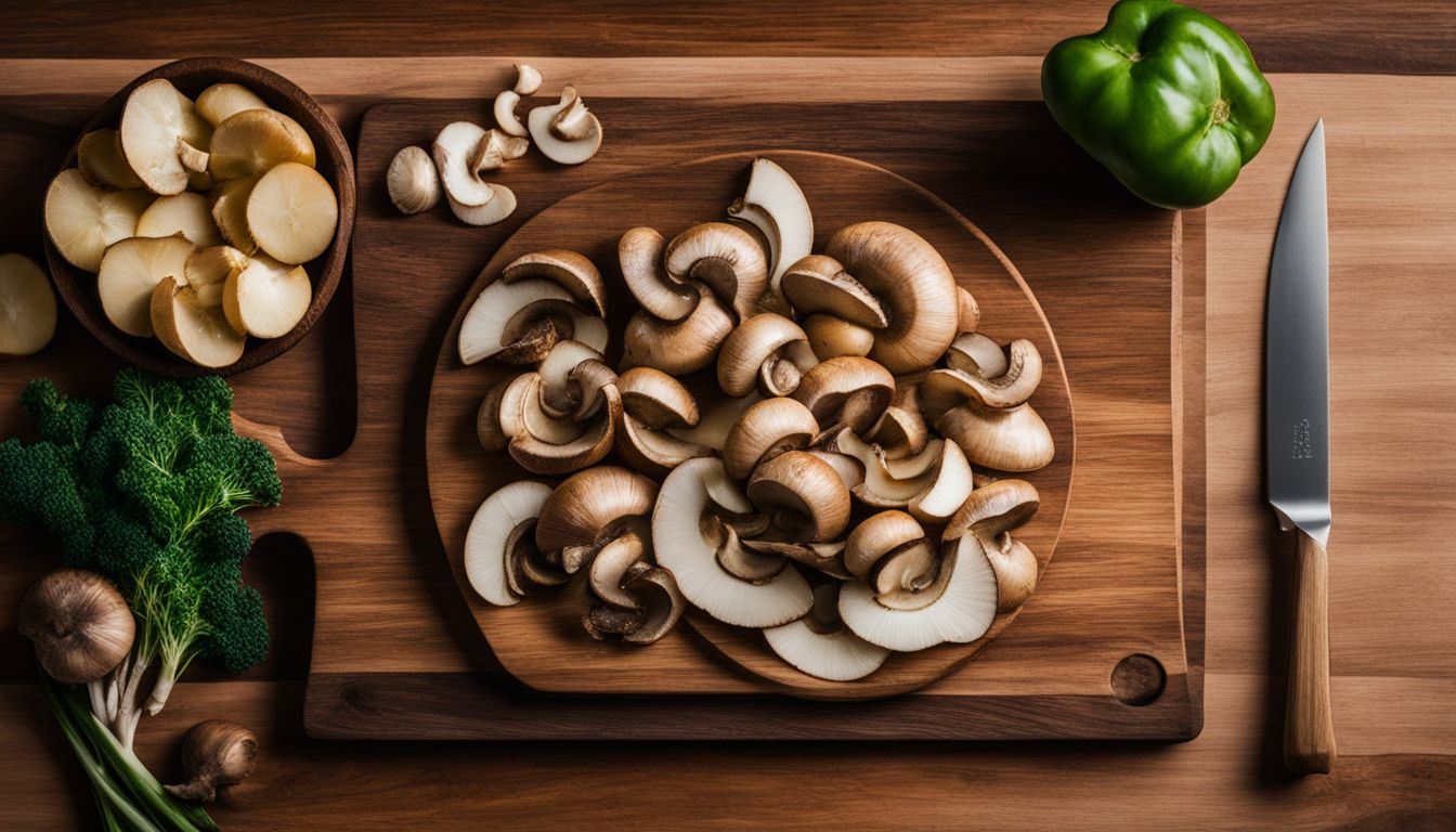 Een foto van gesneden champignons en gember op een houten snijplank in een keuken.