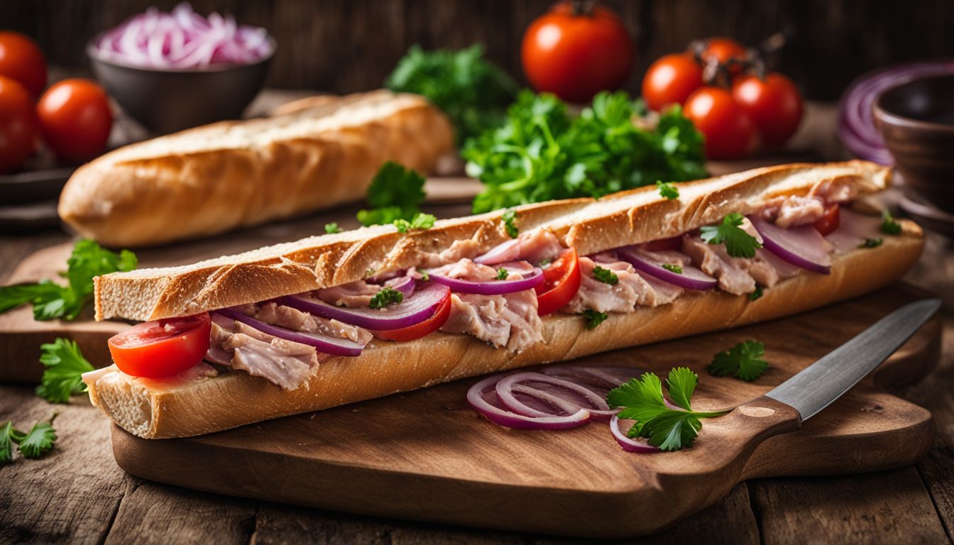 Een foto van gesneden stokbrood met tonijn, tomaat, rode ui en peterselie op een rustieke houten tafel.