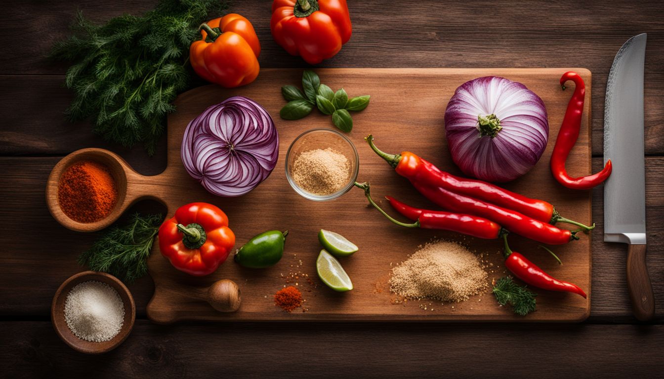 Een artistiek gerangschikte snijplank met ingrediënten voor gevulde paprika.