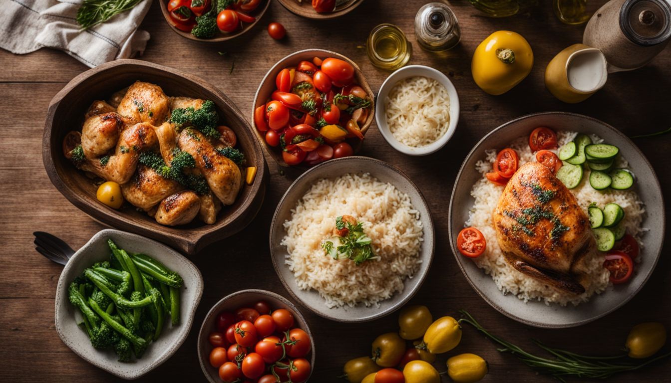 Een houten keukentafel met verse ingrediënten voor Italiaanse kip met groenten en rijst.