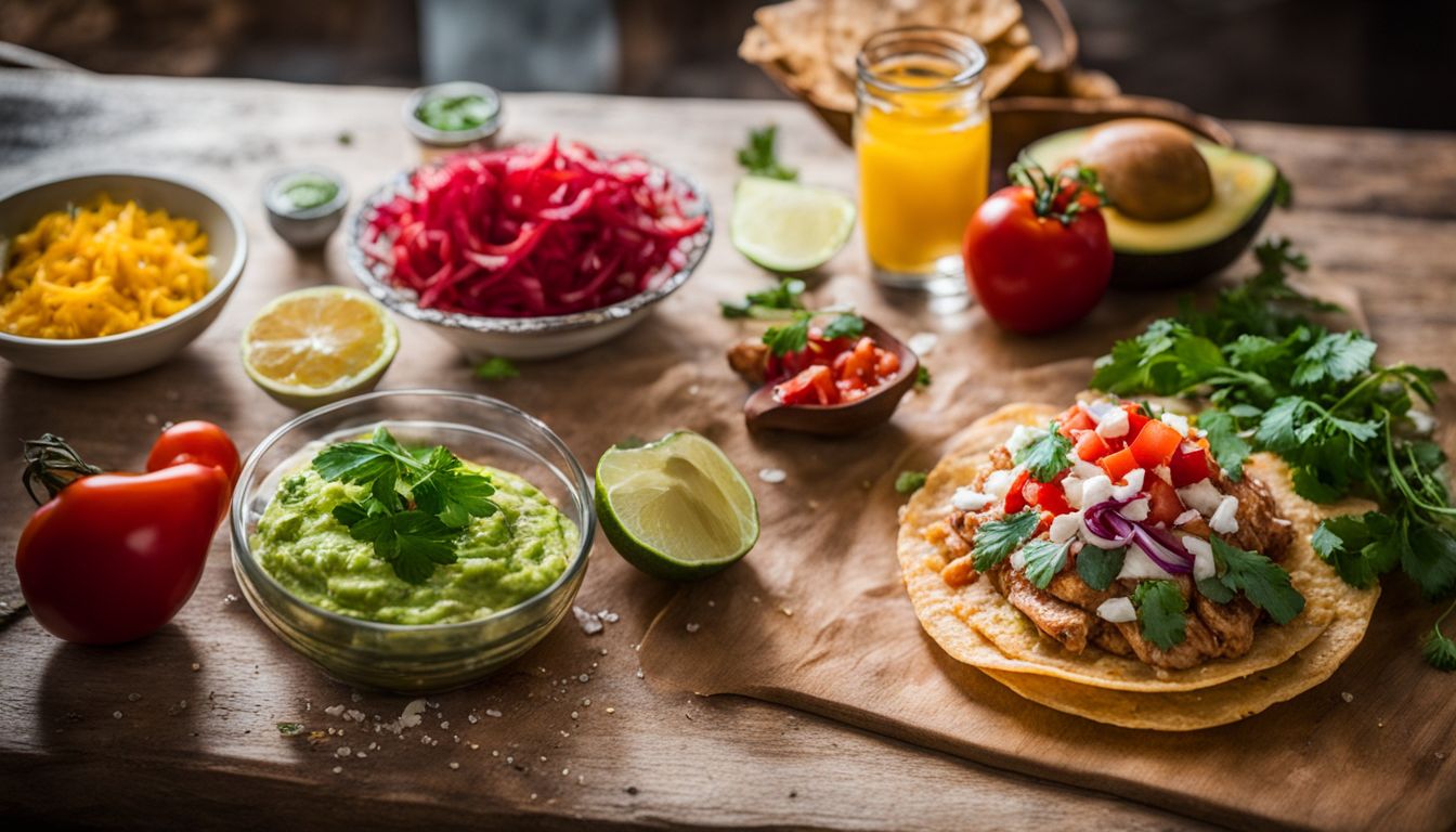 Een foto van kleurrijke ingrediënten voor Tostada met kip op een rustiek aanrecht in de keuken.