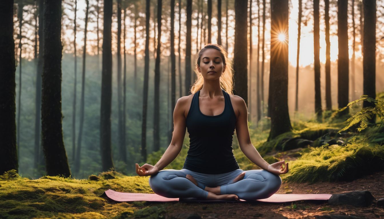 Een persoon doet yoga in een vredige bos open plek bij zonsopgang.