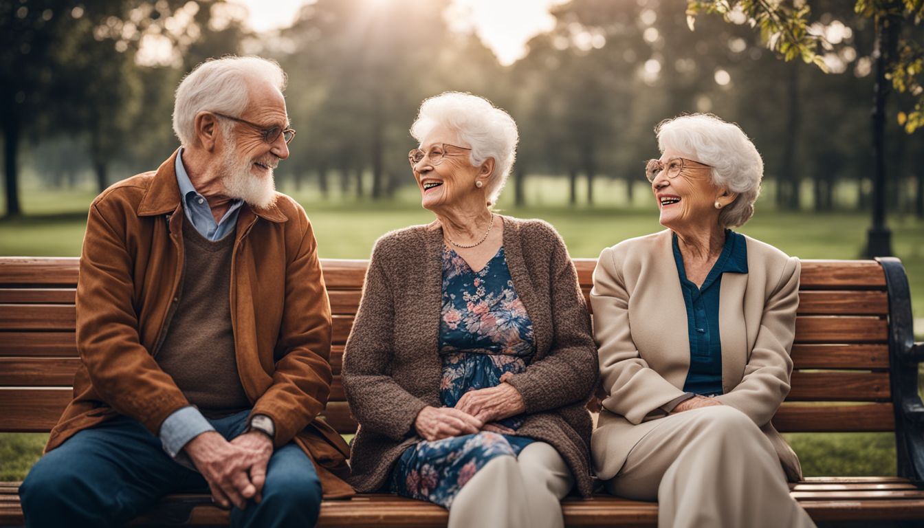 Een gelukkig oud echtpaar zit samen op een bank in het park.
