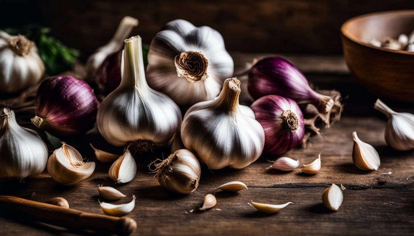 Verse geoogste knoflook op een rustieke houten keukentafel.