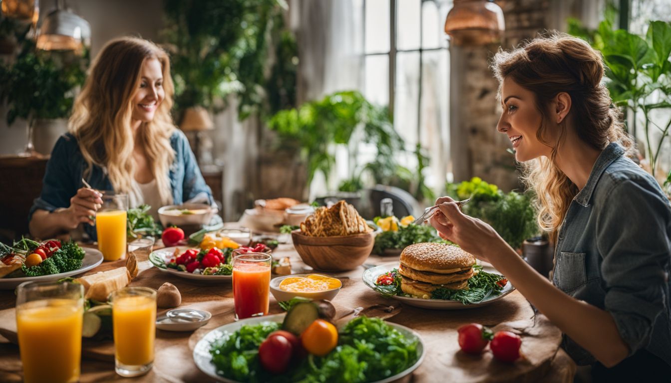 Een kleurrijke ontbijttafel met diverse groenten en planten, gefotografeerd met een professionele camera.