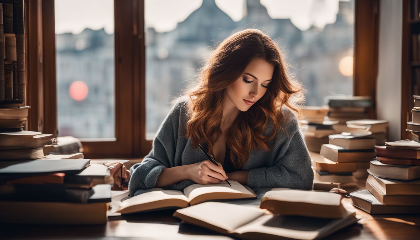 Een zorgzame vrouw omringd door boeken en schrijfgerei, zittend bij het raam.